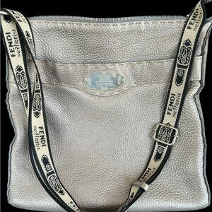 Fendi Platinum Pebbled Leather Messenger Bag with Logo Strap